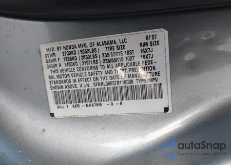 2007 Honda Odyssey Ex-L from USA, damaged, VIN 5FNRL38657B116038